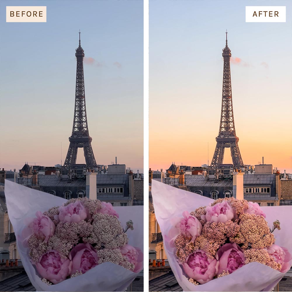 before & after comparison of the same image of the eiffel tower with a sunset. the before image is dull and dark, the after image is bright, saturated and vibrant