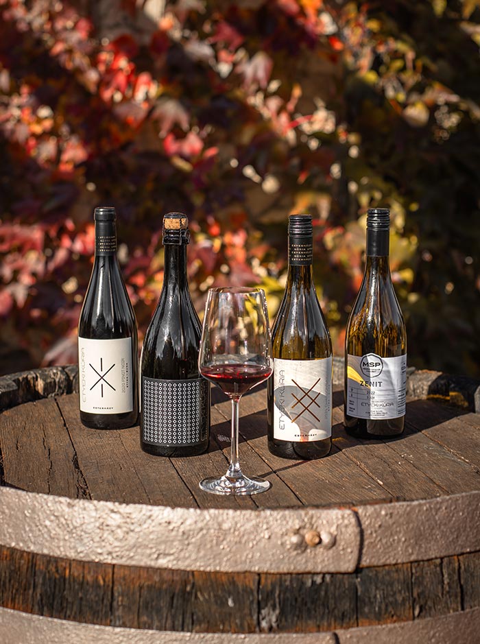 Four bottles of Hungarian wine are displayed on a rustic wooden barrel with a glass of red wine in the center, set against a backdrop of vibrant autumn leaves. Each bottle has a distinct label, showcasing a variety of wines available for tasting in Etyek, Hungary. The scene evokes a cozy, fall atmosphere ideal for savoring local wine.