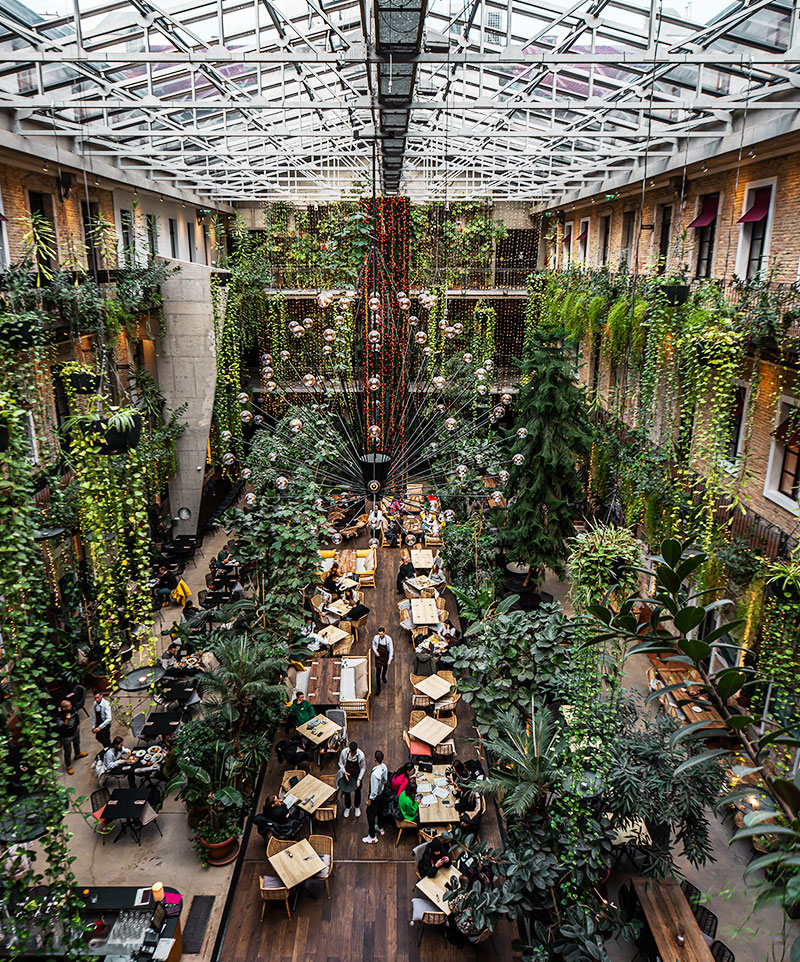 three storey courtyard filled with hundreds of hanging plants. on the bottom level is a restaurant with lots of tables and a bar