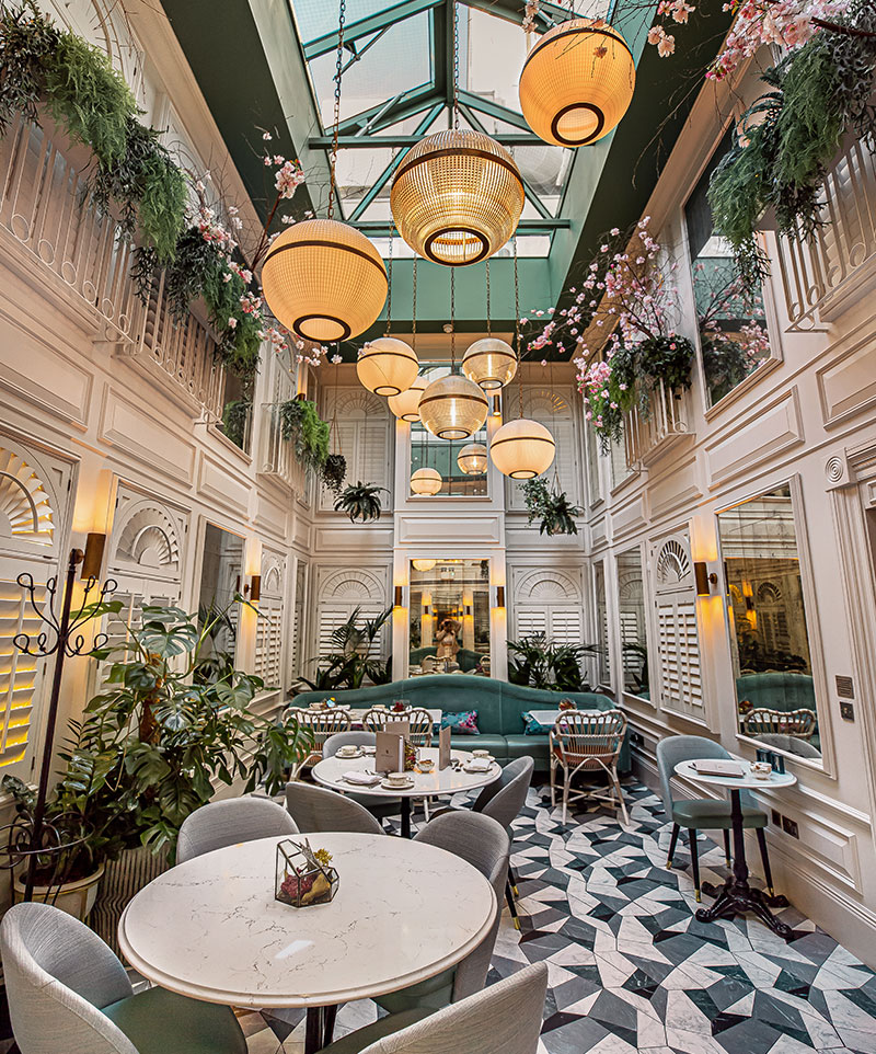 restaurant with glass ceiling and lots of hanging lanterns and plants