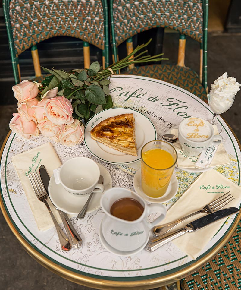 cafe table with hot chocolate, pastries and orange juice 