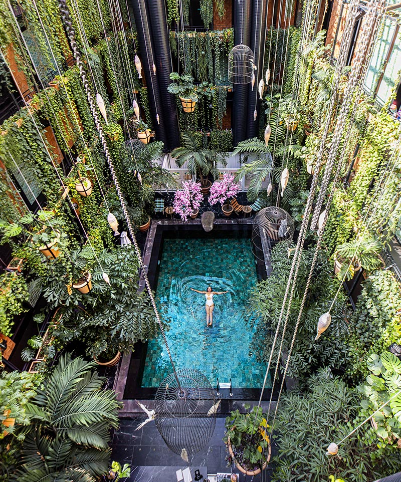 courtyard with pool surrounding by lush hanging plants