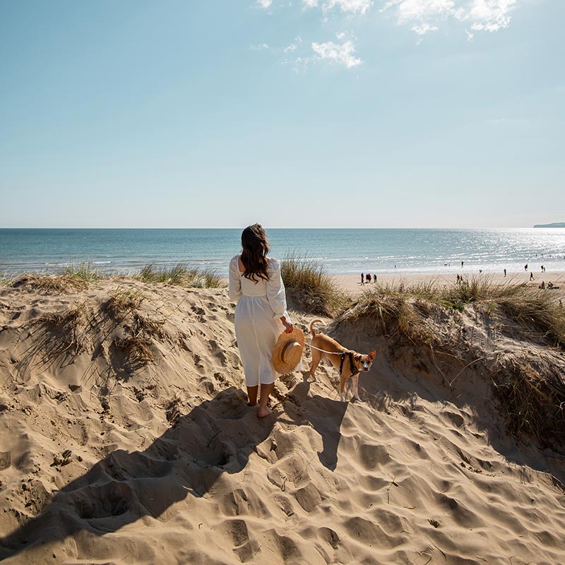 A woman in a white dress holding a straw hat stands on sandy dunes with her dog, overlooking the beach and ocean at Camber Sands. The clear blue sky and sparkling water create a serene and idyllic atmosphere, with a few people visible in the distance enjoying the beach. The scene captures a peaceful moment of coastal beauty and companionship.






