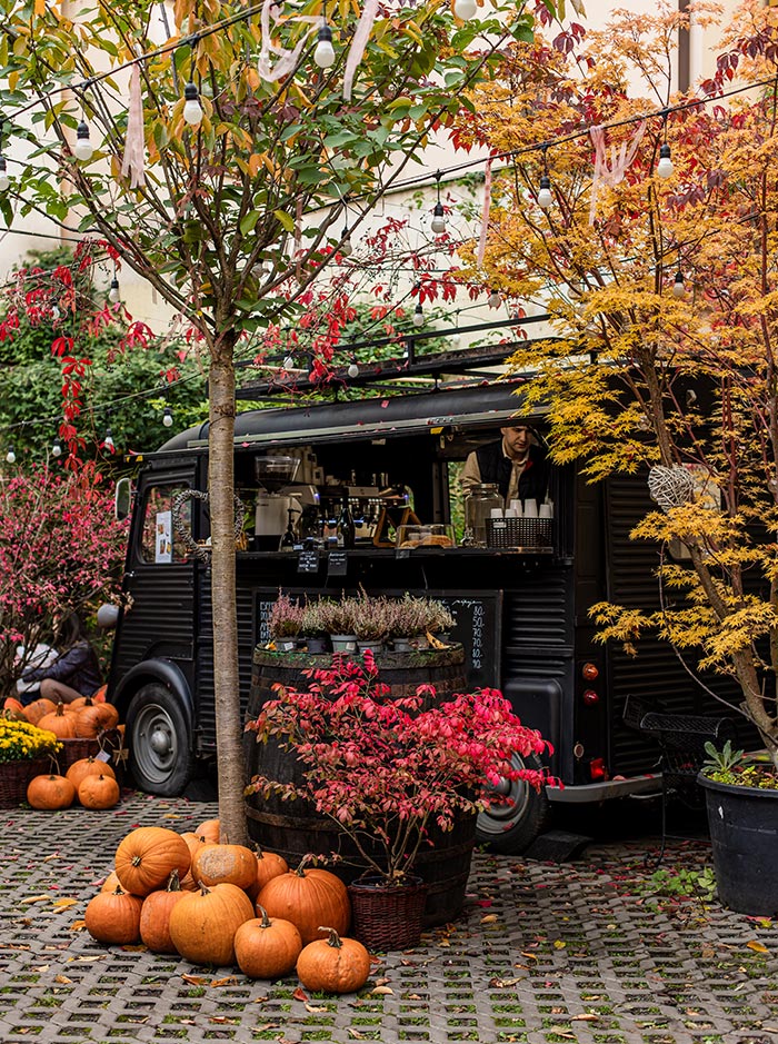 This image features a charming coffee truck nestled in a cozy, autumnal setting. The black vintage truck, adorned with rustic details, serves as a mobile café surrounded by vibrant fall foliage in shades of red, orange, and yellow. Pumpkins are artfully arranged around the scene, enhancing the festive, harvest-season ambiance. String lights hang overhead, adding a warm, inviting glow to this picturesque and quaint outdoor space.