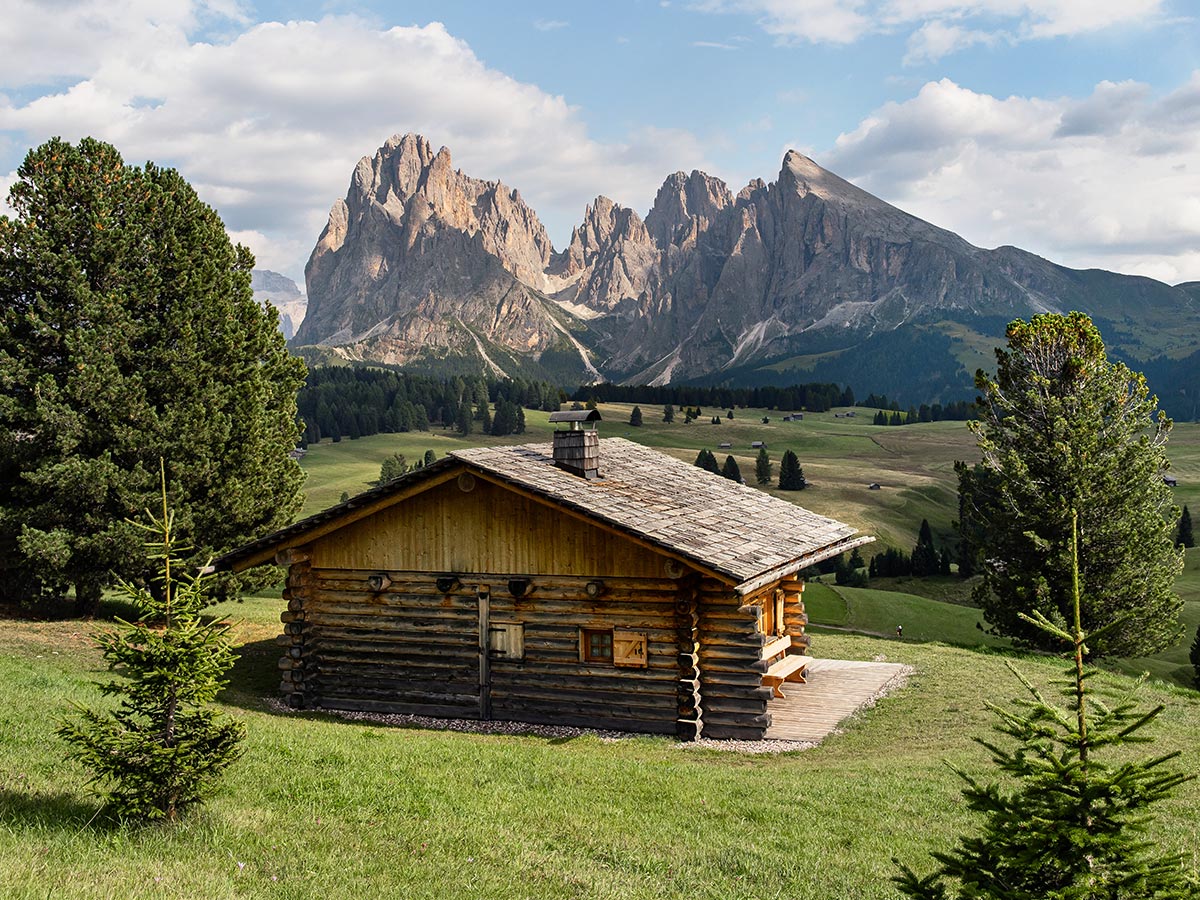 This image captures a cozy wooden cabin nestled in the rolling green meadows of Alpe di Siusi (Seiser Alm) in the Dolomites. The cabin is surrounded by lush trees and expansive fields, with the rugged, jagged peaks of the Dolomites towering in the background. The serene and picturesque alpine setting evokes a sense of tranquility, with the warm sunlight illuminating the dramatic mountain landscape.