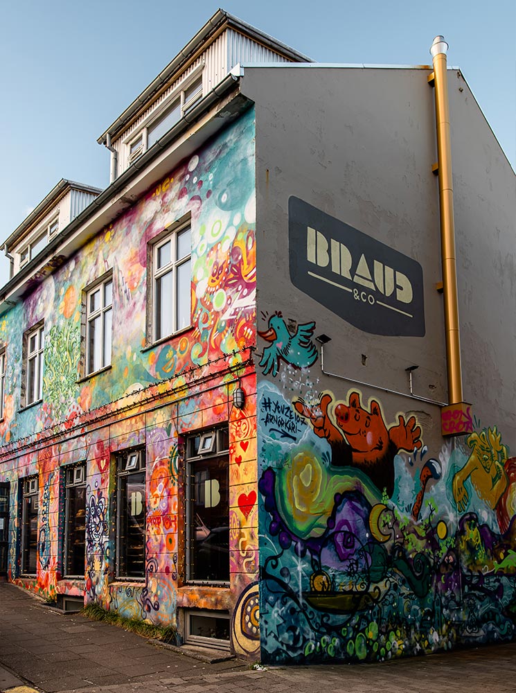 This image features Brauð & Co., a vibrant bakery in Reykjavik, Iceland, with its exterior adorned in colorful street art. The mural showcases whimsical patterns, playful characters, and bold colors, creating a lively and eye-catching facade. The urban artistry complements the cozy charm of this local hotspot.