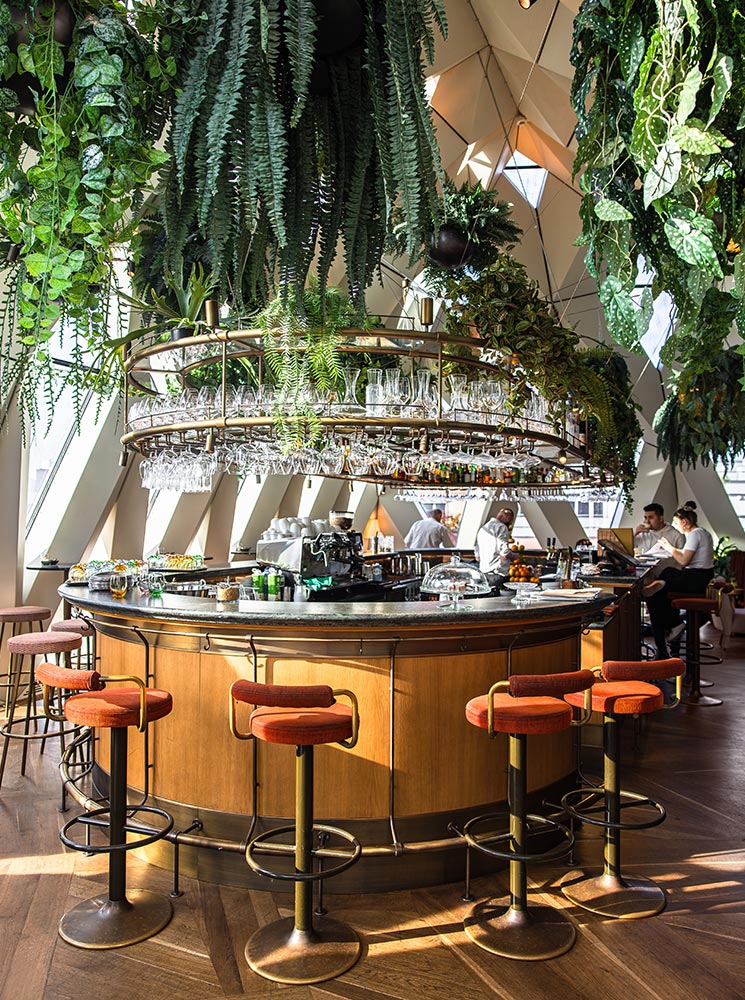 This image shows the stylish bar area of Chez Bernard, a rooftop restaurant in Vienna, featuring a circular bar counter with cushioned orange stools and lush greenery hanging from above. Glassware is neatly arranged on a suspended rack, adding a sophisticated touch to the modern, plant-filled space. The natural light streaming in through angled windows creates an inviting and vibrant atmosphere.