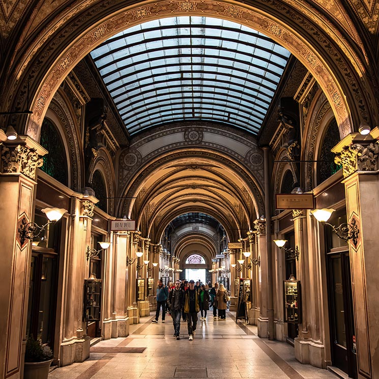 This image captures the elegant Ferstel Passage in Vienna, an arcade with ornate arches, intricate ceiling details, and a glass-paneled roof that lets in natural light. Lined with boutique shops and warm lighting, the passageway exudes a classic European charm. Shoppers and visitors walk through the corridor, adding life to the historic and architecturally rich setting.