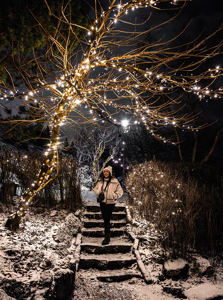 This image captures a magical winter scene, with a young woman standing on a snow-dusted stone staircase surrounded by trees adorned with twinkling fairy lights. The soft glow of the lights illuminates the dark night, creating a cozy and festive atmosphere against the snowy backdrop. The woman, dressed warmly, adds a cheerful and lively touch to the enchanting setting.