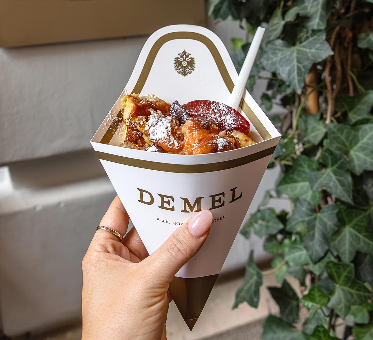 This image showcases a serving of Kaiserschmarrn from Demel Café in Vienna, presented in a branded paper cone. The dish consists of fluffy shredded pancakes topped with powdered sugar and garnished with fruit, creating a delicious and visually appealing treat. The close-up of the hand-held dessert emphasizes the café's refined yet accessible approach to traditional Viennese sweets.