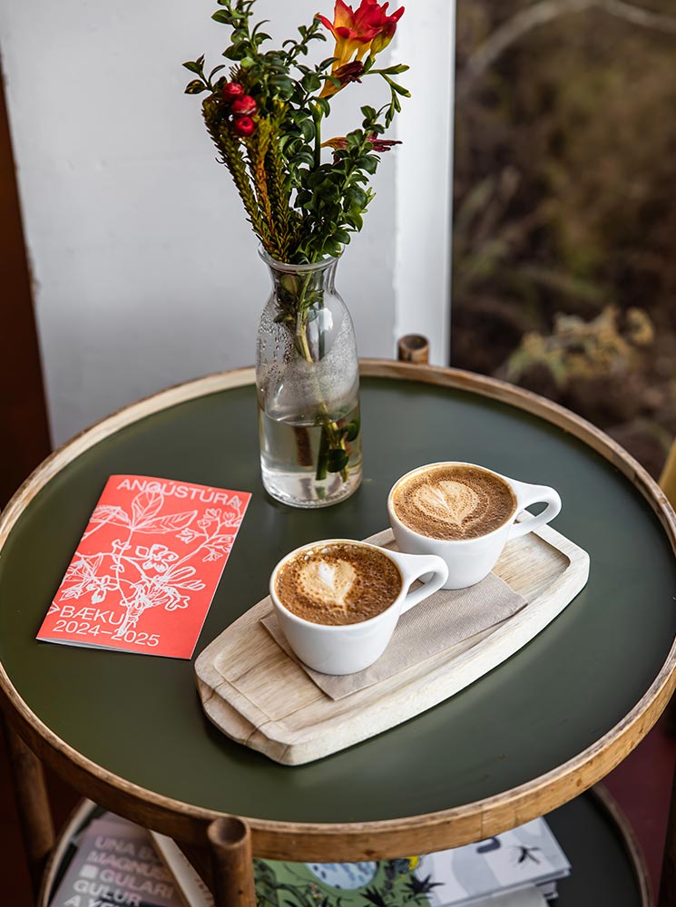 This image shows a cozy coffee setup on a round table, featuring two cappuccinos with latte art served on a wooden tray. A vase with vibrant flowers and a red brochure labeled “Angustura Bækur 2024–2025” add a touch of charm, with books tucked beneath the table completing the inviting scene.