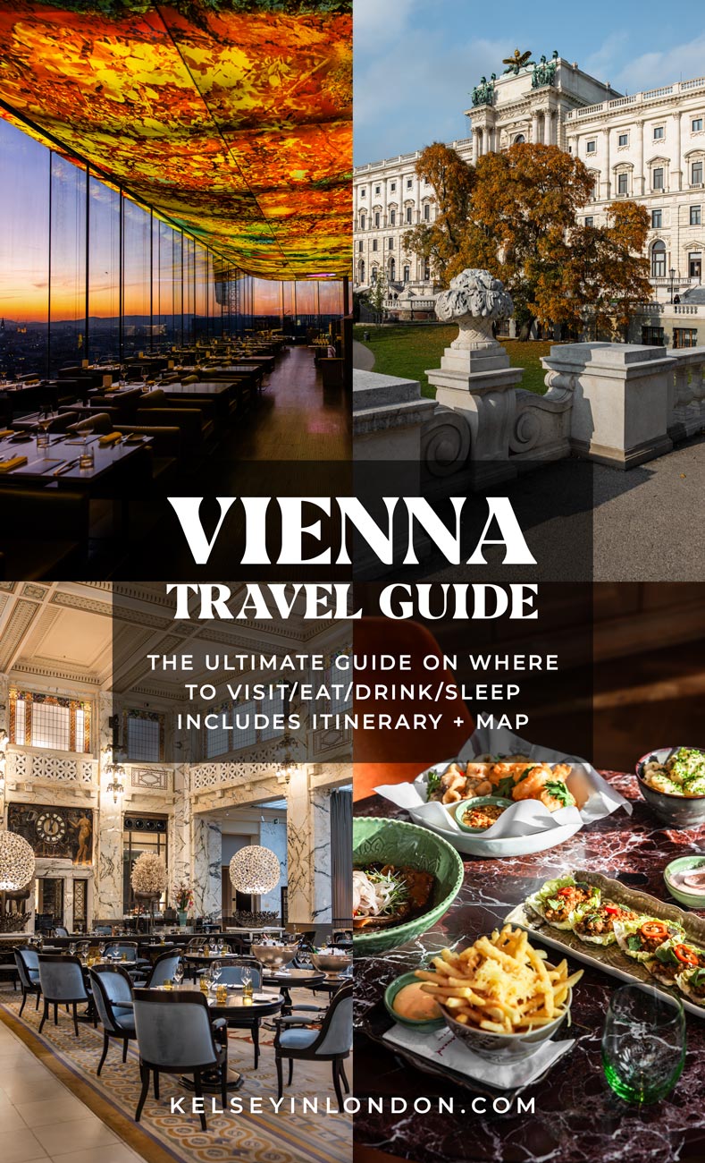 This image is a cover for a "Vienna Travel Guide" by Kelseyinlondon.com, promoting an ultimate guide on where to visit, eat, drink, and sleep in Vienna, complete with an itinerary and map. It features four distinct visuals: a panoramic dining area with a vibrant autumn-themed ceiling, the grand Hofburg Palace with fall foliage, the opulent interior of the Park Hyatt Vienna, and a close-up of a spread of gourmet dishes on a marble table, showcasing the city’s luxurious dining and cultural experiences.