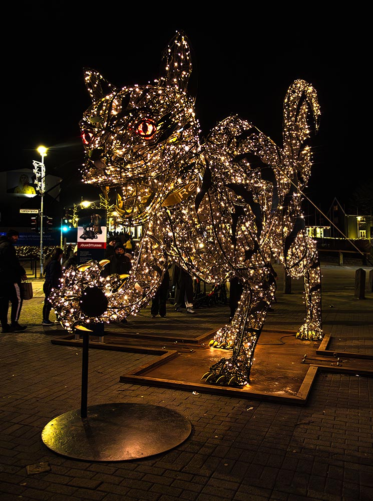 This image features the illuminated sculpture of Jólakötturinn, the Icelandic Christmas Cat, in Reykjavik. The towering cat is adorned with glowing lights, its red eyes and intricate details making it a striking centerpiece against the dark night. The installation, surrounded by onlookers, brings a festive and mythical charm to the holiday season.