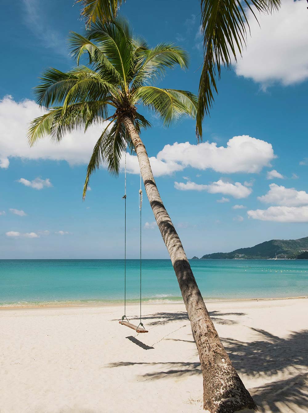 A leaning palm tree with a wooden swing hanging from its trunk stands on a white sand beach, overlooking the turquoise waters of Phuket, Thailand. The clear blue sky with scattered white clouds and distant green hills complete the tropical paradise setting. The soft shadow of the palm tree stretches across the sand, enhancing the tranquil and inviting atmosphere.