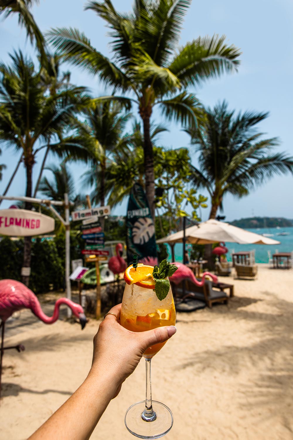 A hand holding a tropical cocktail garnished with orange slices and mint, set against a beach scene with pink flamingo decorations, palm trees, and seating overlooking the turquoise ocean.