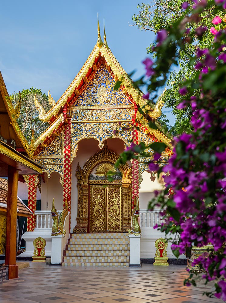 A beautifully ornate Thai temple entrance with intricate gold carvings and vibrant red and blue details, framed by blooming purple flowers. The golden doors feature traditional Buddhist artwork, while the steep, multi-tiered roof is adorned with elegant, gilded finials. Soft sunlight enhances the rich colors and fine craftsmanship, creating a serene and spiritual atmosphere.