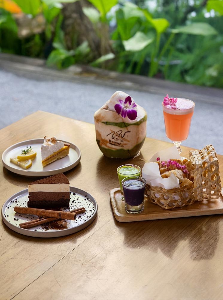 A beautifully arranged table featuring an assortment of desserts, drinks, and snacks in a lush garden setting. A slice of tiramisu with cinnamon sticks and a lemon tart sit on elegant plates, accompanied by a fresh coconut with an orchid garnish, a pink cocktail, and two colorful herbal shots. A woven basket holds crispy treats, adding a touch of traditional Thai presentation to this delightful spread.