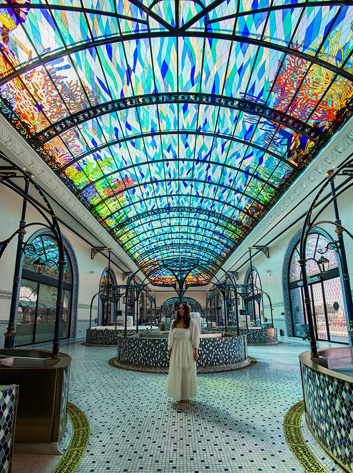 A woman in a flowing white dress stands beneath a breathtaking stained-glass ceiling at the Doha Fish Market in the Mina District. The arched glass canopy, adorned with vibrant blue and multicolored coral designs, bathes the space in a mesmerizing underwater-like glow. Intricate mosaic tiles and elegant ironwork structures enhance the market’s artistic and architectural beauty.