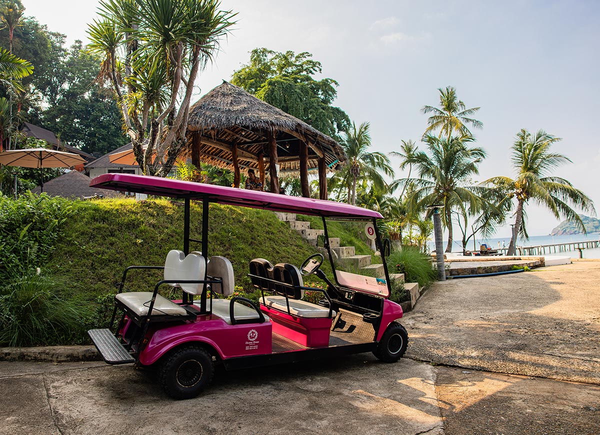 Pink golf cart parked on a paved path near a tropical beach lined with palm trees. A thatched pavilion sits on a grassy hill above while the ocean and a wooden pier stretch into the distance.