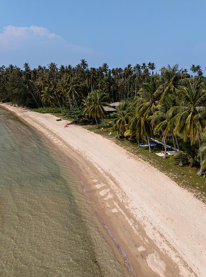Aerial view of a quiet tropical beach with clear shallow water along the shore, bordered by a long stretch of pale sand and dense palm trees. A few small huts and scattered people sit beneath the trees, emphasizing the secluded and peaceful coastal setting.