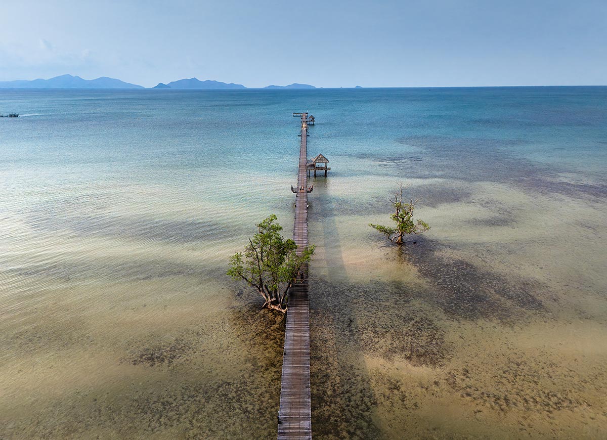 Aerial view of a long wooden pier stretching through shallow clear water toward a small pavilion at the end. Two trees rise from the water beside the pier while distant islands line the horizon under a hazy blue sky.