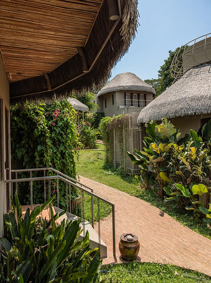 Garden pathway lined with lush tropical plants leading between modern villas with thatched roofs and small balconies. Sunlight highlights the greenery and curved architecture, creating a peaceful resort atmosphere.