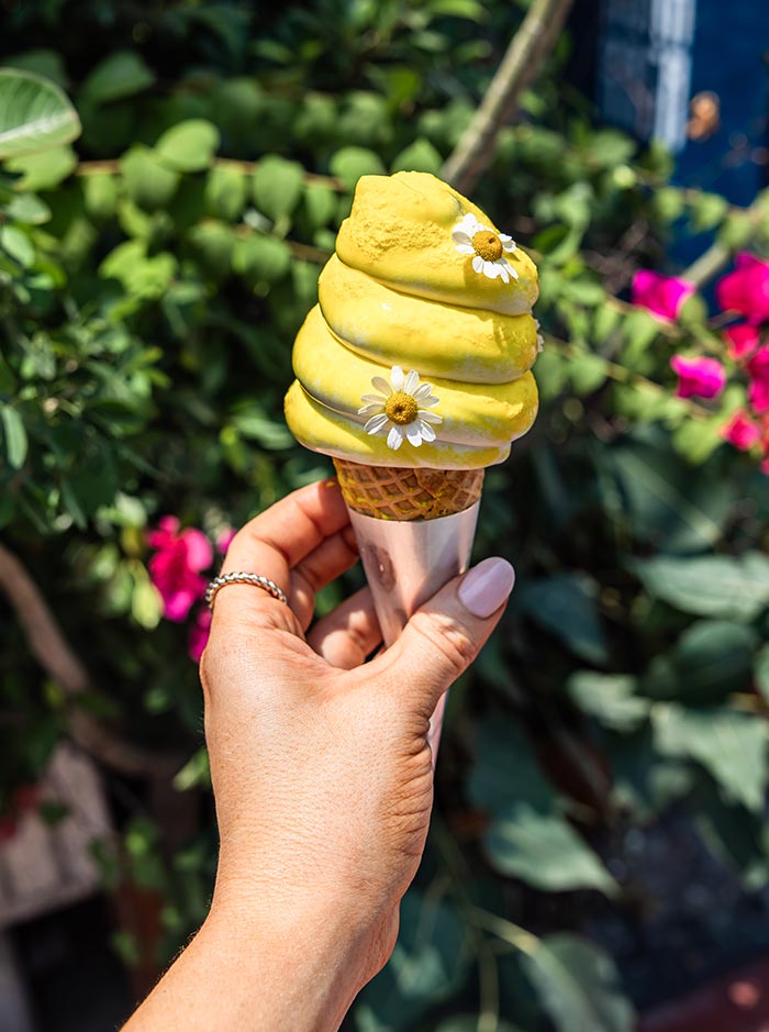 Hand holding a waffle cone with a swirl of bright yellow soft serve ice cream topped with small white flowers. Lush green foliage and pink flowers blur in the background, creating a vibrant garden setting.