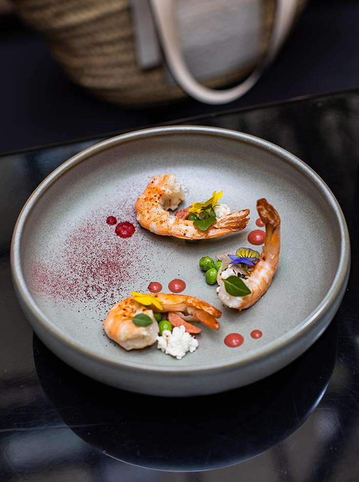 Plated gourmet shrimp appetizer featuring three seasoned shrimp garnished with edible flowers, herbs, and colorful sauce accents. The minimalist presentation on a ceramic plate highlights the fine dining experience and attention to detail.